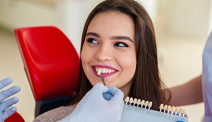 Woman's smile compared with tooth color chart