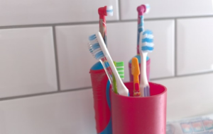 a closeup of a toothbrush holder in a bathroom 