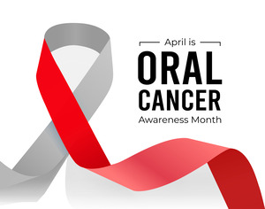 Ribbon next to words “April is Oral Cancer Awareness Month”