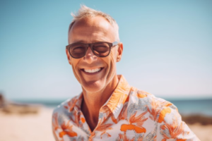 a person smiling while visiting the beach during summer